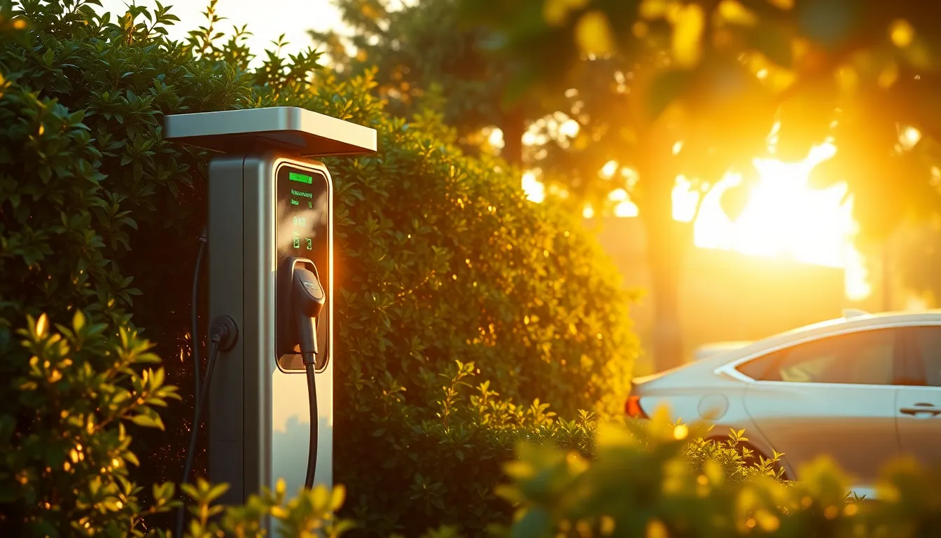 전기차 충전소를 배경으로 다양한 전기차들이 주차되어 있는 모습